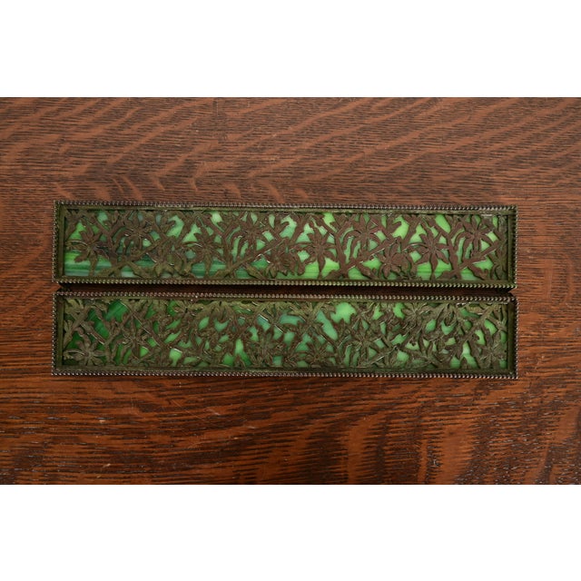 Apollo Studios New York Arts & Crafts Grapevine Pattern Bronze and Slag Glass Blotter Ends With Leather Desk Blotter For Sale - Image 12 of 15