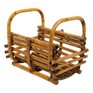 Midcentury Organic Magazine Rack in Cane Bamboo and Rattan, Italy, 1960s For Sale