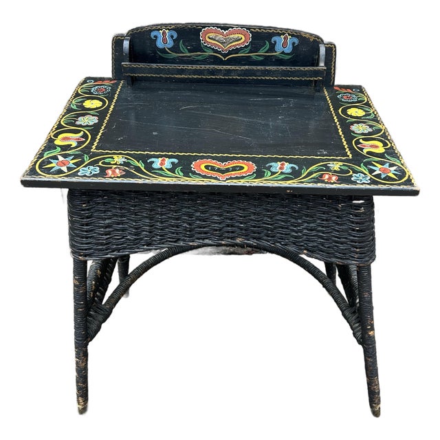 Antique 1940’s Pennsylvania Dutch Wicker and Wood Writing Desk With Handpainted Hex Signs For Sale