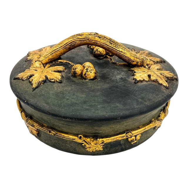 Vintage Italian Black & Gold Gilt Ceramic Lidded Box – Grapevine Motif – Hollywood Regency / Italian Traditional For Sale