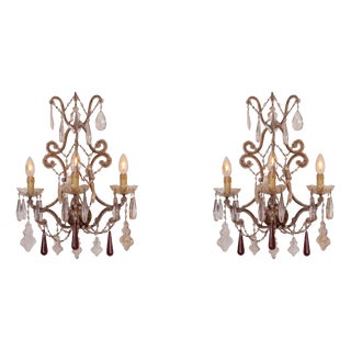 Three-Light Louis XV Style Wall Sconces in Gilt Iron with Glass Beads and Crystal Drops, 1930s, Set of 2 For Sale