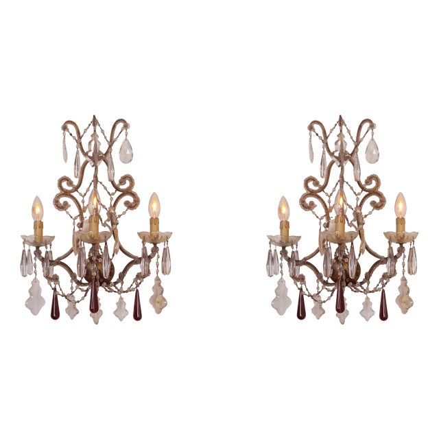 Three-Light Louis XV Style Wall Sconces in Gilt Iron with Glass Beads and Crystal Drops, 1930s, Set of 2 For Sale
