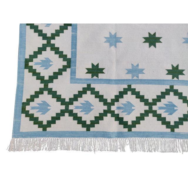Sky Blue Handmade Cotton Star and Gingham Rug For Sale - Image 8 of 11