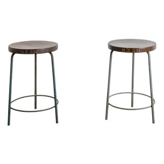 Mid-Century French Wooden & Iron Bar High Stools from Pierre Jeanneret, 1950s, Set of 2 For Sale
