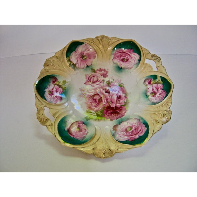 Gorgeous Antique 1890s hand painted roses pie crust edge open handles cake plate/bow l. Signed: RS Prussia w/Wreath and...