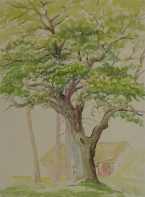 Karl Teodor, Watercolor Landscape - Majestic Oak With Country Home in Background