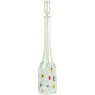 Fratelli Toso Murano Vintage White Opalescent Flower Murrine Italian Art Glass Mid Century Decanter For Sale
