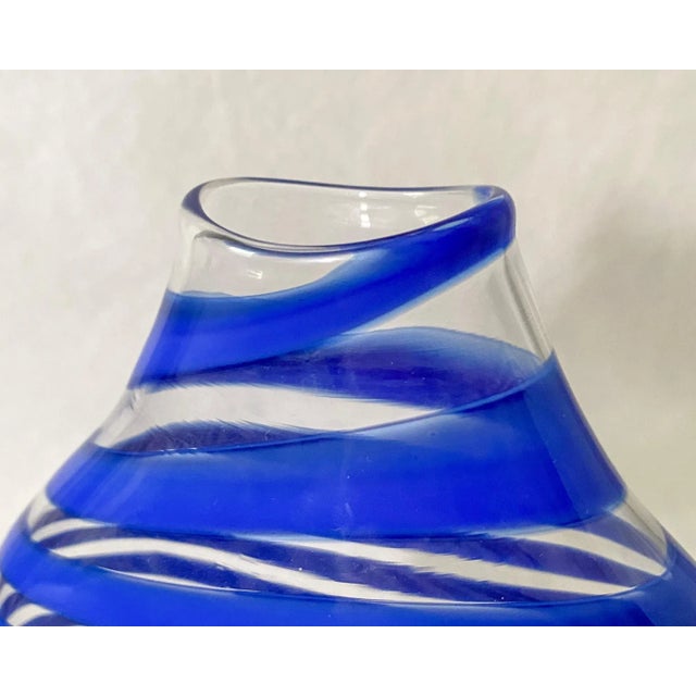 Glass Vintage 1990s Studio Blown Glass Cobalt Blue and Clear Striped Vase For Sale - Image 7 of 11