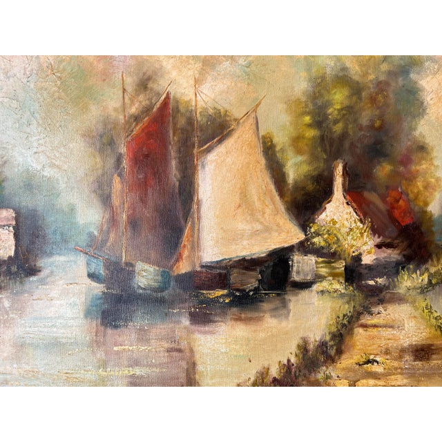 1950's Vincento Country River Impressionist Landscape Oil on Canvas Painting, Framed For Sale - Image 9 of 12