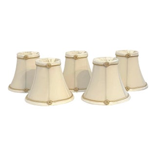 Ivory Faux Silk / Fabric Lined Lampshades With Tan Rosette Embellishment - Set of 5 For Sale