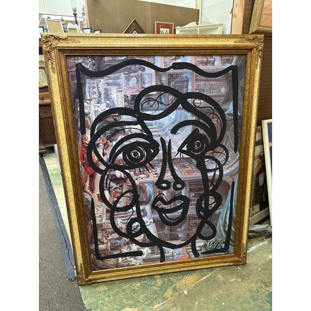 1970s Original Abstract Large Painting by Peter Keil. This great piece was executed on canvas and depicts a portrait over...