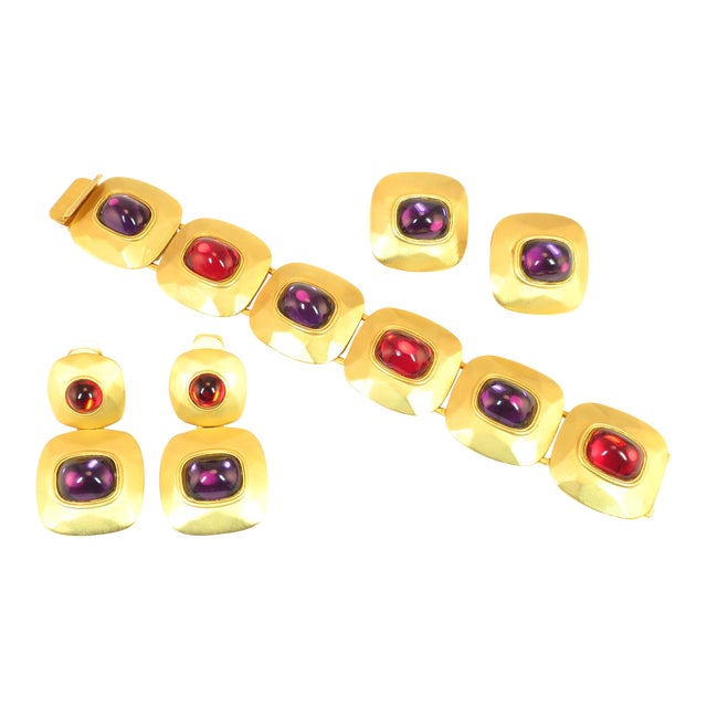 Vintage 1960s Mid-Century Modern Designer Jewel-Tone Bracelet & Earrings - 5 Pieces For Sale