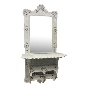 Antique French Provincial Cast Iron Wall Shelf Beveled Glass Shaving Mirror"