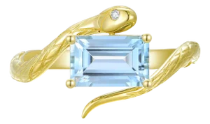 Kai Snake Protection Emerald-Cut 1.01ctw Aquamarine & Diamond East-West Ring in 14k Solid Gold (All Sizes Available)
