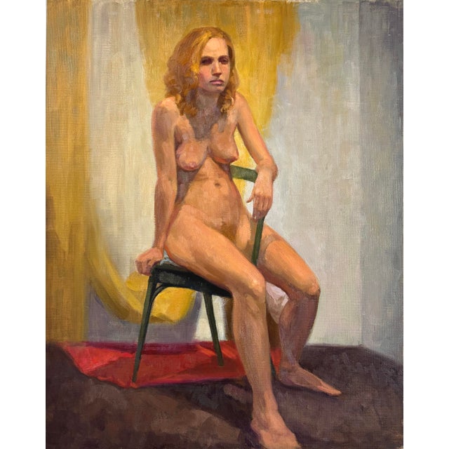 Academic Life Study: Seated Nude A vintage oil painting on canvas paper, this studio study focuses on the form of a seated...