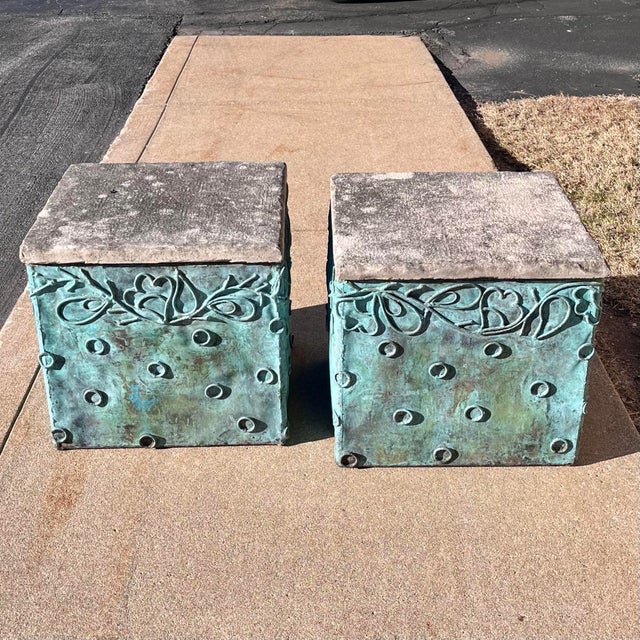 A striking pair of custom vintage side tables or garden stools in verdigris copper with concrete slab tops. Beautiful...