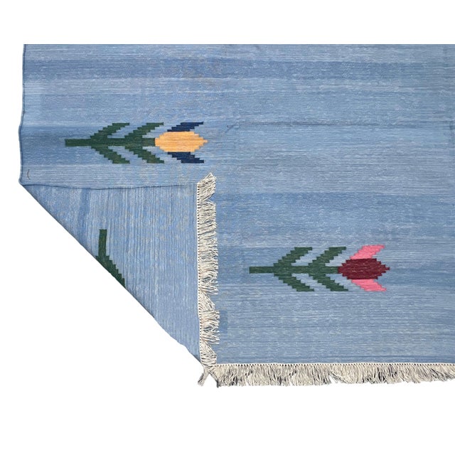 Not Yet Made - Made To Order Handmade Cotton Vegetable Dyed Flat Weave Area Rug, Sky Blue Leaf Dhurrie - 8'x10' For Sale - Image 5 of 13