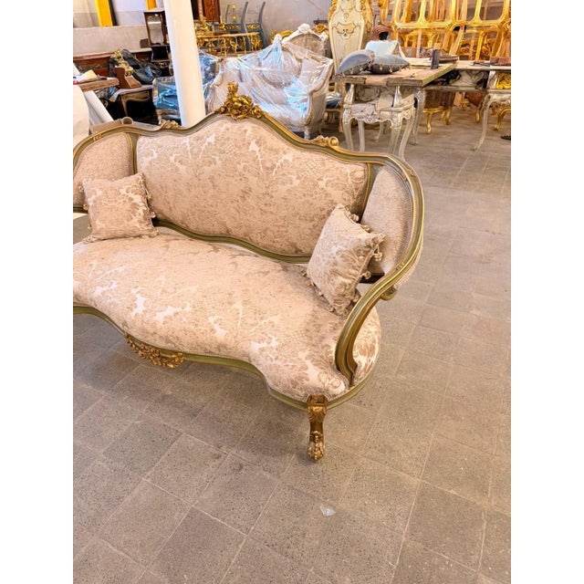 Wood 1960s French Louis XV Rococo Canapac Loveseat Antique Green & Gold Gilt Wood Beige upholstery Settee For Sale - Image 7 of 8