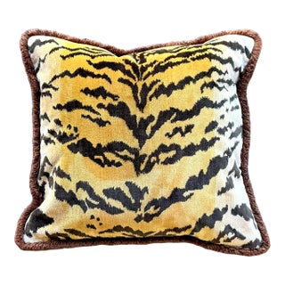 Vintage Regency Scalamandre “Le Tigre” Velvet Throw Pillow With Caterpillar Fringe For Sale
