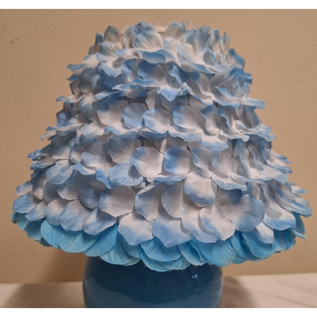 Blue Vintage Table Lamp with Round Blue Ceramic Base and Handmade Flower Shade by Lamplove, 1980s For Sale - Image 8 of 12
