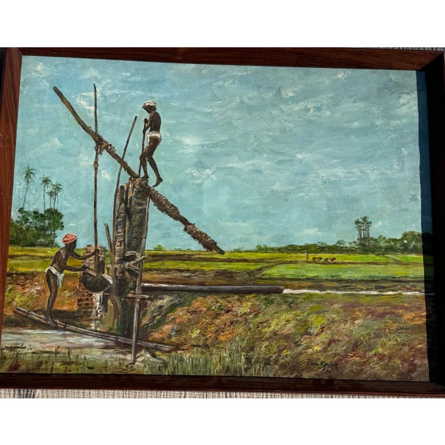 Original oil on canvas depicting a rural African agricultural labor scene, painted in 1975 and signed lower left “Pnakash...