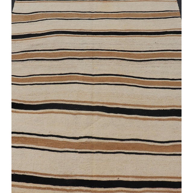 Ivory Vintage Turkish Kilim Rug With Ivory, Brown and Deep Charcoal Stripes For Sale - Image 8 of 11