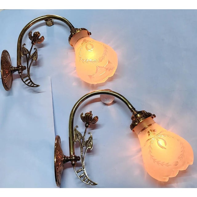 Pair Vintage Art Nouveau light Old Lamp Wall Sconces Fixture Brass & Frosted Glass Shade Ship Light Excellent Working...