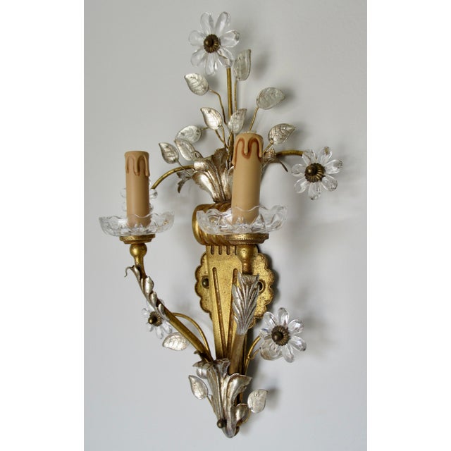 Early 20th Century Banci Gilt & Silvered Bronze Sconces, Italian With Rock Crystal Floral Motif Design -Pair For Sale - Image 10 of 18