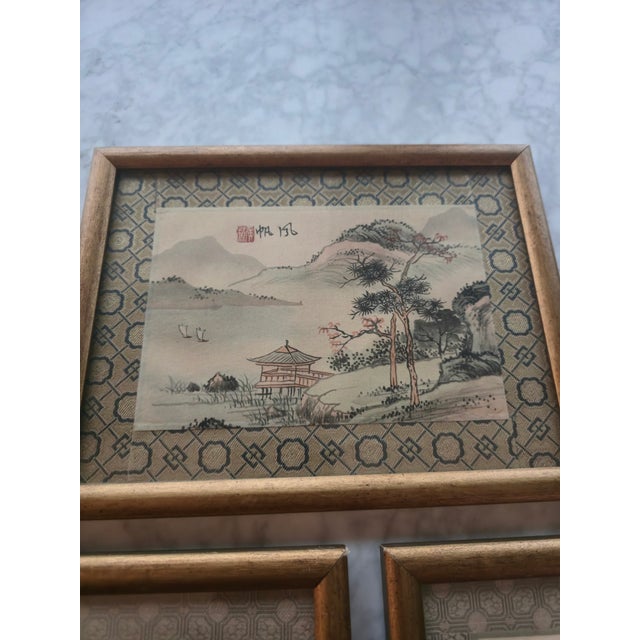 Asian Set of Three Framed Asian Watercolors on Silk, Mid-20th Century For Sale - Image 3 of 9