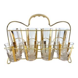1960s Mid-Century Modern Gold & Frosted Stripe Cocktail Glass Barware Caddy, Set of 8 For Sale