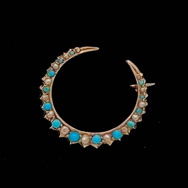 Antique 9ct Gold, Turquoise and Natural Seed Pearl Crescent Brooch ...