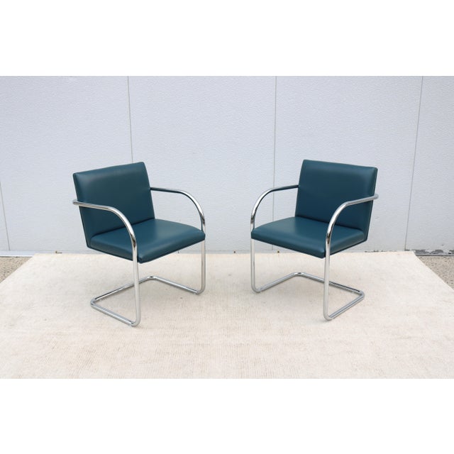 Gordon International Ludwig Mies Van Der Rohe Brno Tubular Chairs in Blue Leather by Gordon - A Pair For Sale - Image 4 of 18