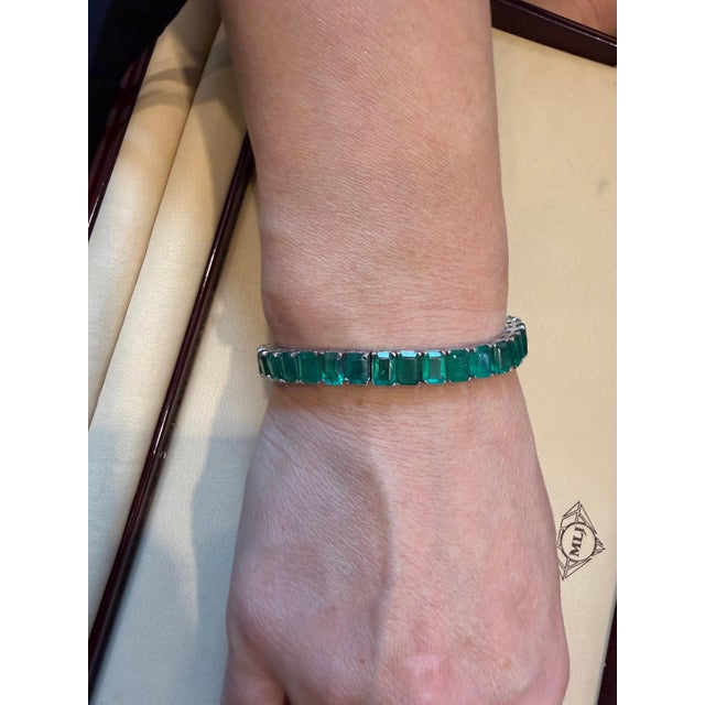 40 Ct Natural Emerald Cut Emerald Cocktail Tennis Bracelet 14 Kt White Gold 7.5" For Sale - Image 12 of 18