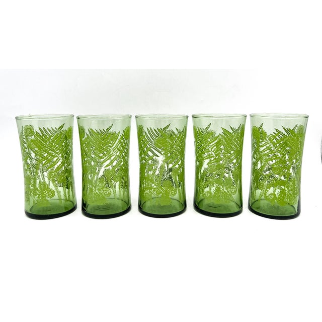 Vintage Green Fern Botanical Highball Glasses – Mid-Century Modern / Tropical - Set of 5 For Sale In Houston - Image 6 of 13