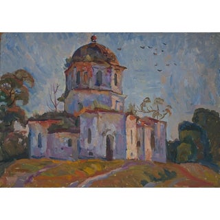 Oil Painting: Ukrainian Church Landscape, Soviet Art, 1976 50-70 For Sale