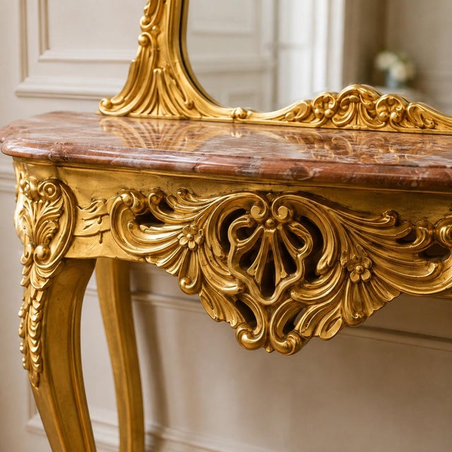 1970s Artisan Louis XVI Gold Beech Console With Mirror - 2 Pc For Sale - Image 4 of 8