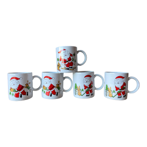 1980s Set of 5 - Santa Christmas Mug Made in Japan Santa Clause Playing Football, Skiing, Hockey