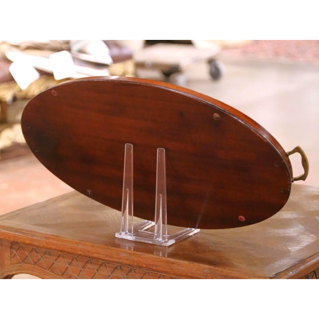 Brown Mid-Century English Burl Walnut Oval Serving Tray With Brass Handles For Sale - Image 8 of 9