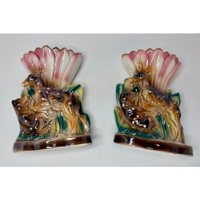 1950s Mid-Century Iridescent Glazed Ceramic Woodland Deer & Fawn Pocket Vases - A Pair For Sale - Image 4 of 5