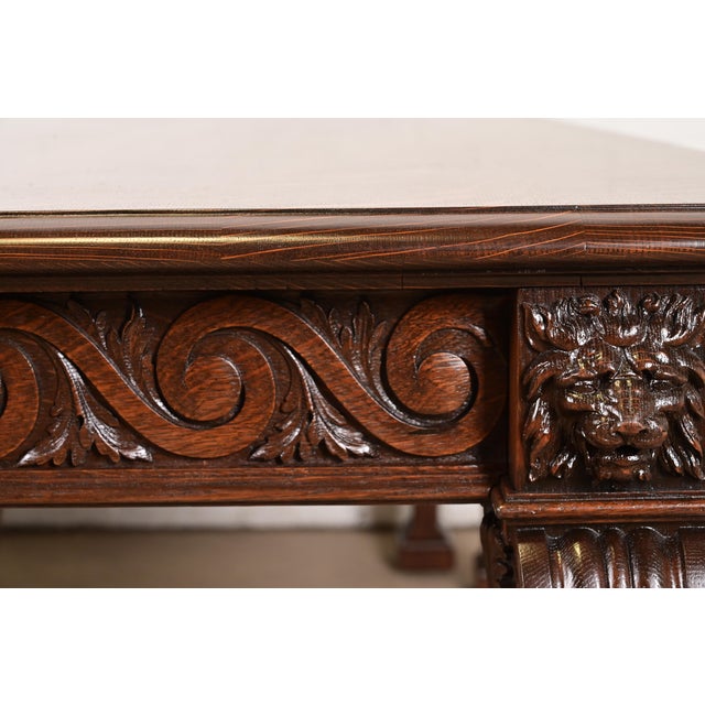 R. J. Horner Style Monumental Antique Victorian Carved Oak Extension Dining Table, Newly Refinished For Sale - Image 14 of 16
