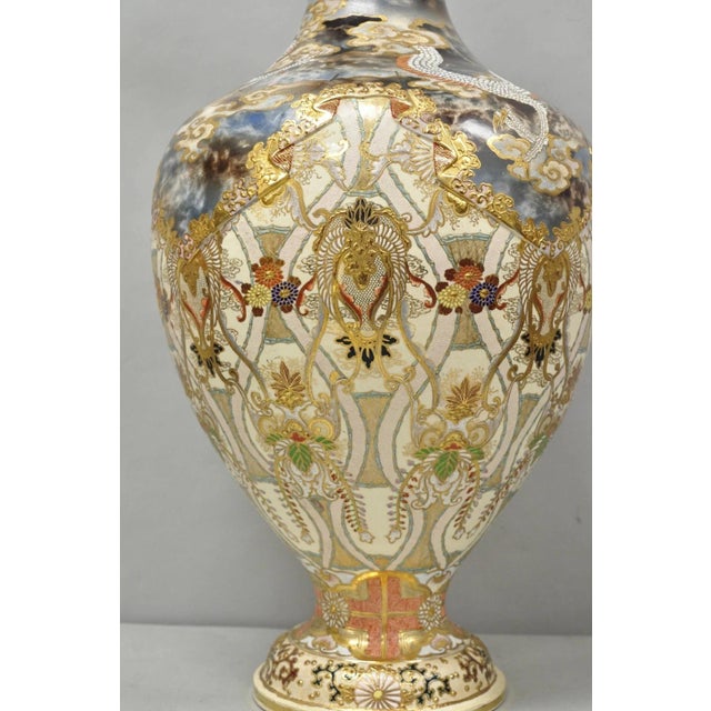 Vintage 30" Japanese Royal Satsuma Hand Painted Porcelain Oriental Dragon Vase For Sale - Image 17 of 17