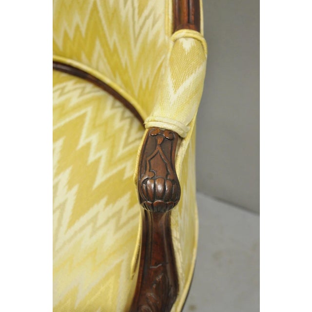 Antique French Louis XV Style Carved Walnut Yellow Fabric Boudoir Lounge Chair For Sale - Image 10 of 14