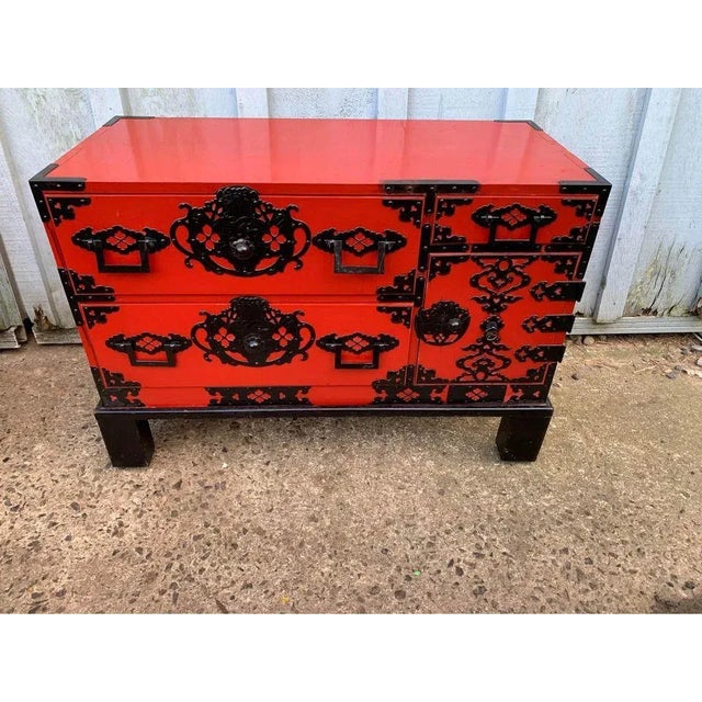 Mid 20th Century Vintage Asian Style Red Painted Iron Mounded Campaign Cedar Type Chests. A Pair For Sale In Washington DC - Image 6 of 12