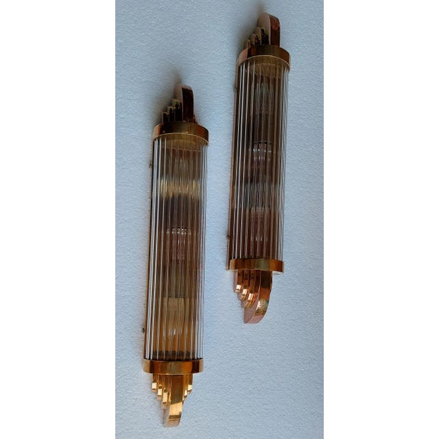 Pair Vintage 1940s Art Deco Skyscraper Wall Sconces Fixture in Brass & Glass Rod Ship Light For Sale - Image 4 of 5