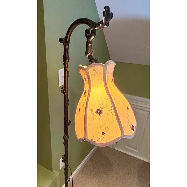 Vintage Art Nouveau Style Floral Vine Bridge Floor Lamp With Embroidered Shade For Sale - Image 4 of 8