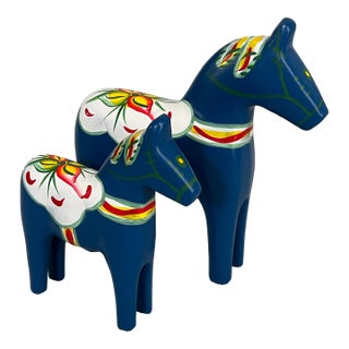 Pair of Vintage Blue Handpainted Swedish Dala Horses For Sale
