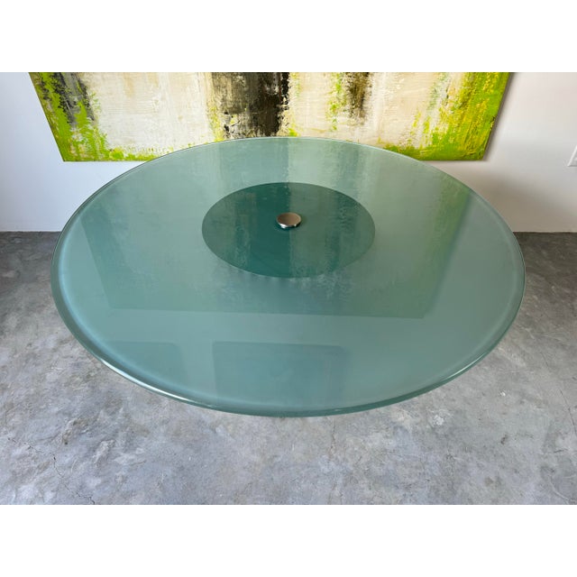 Mid-Century Modern 1980's Italian Postmodern Luigi Saccardo- Style Brushed Steel and Glass Top Round Dining Table/ Sold For Sale - Image 3 of 12
