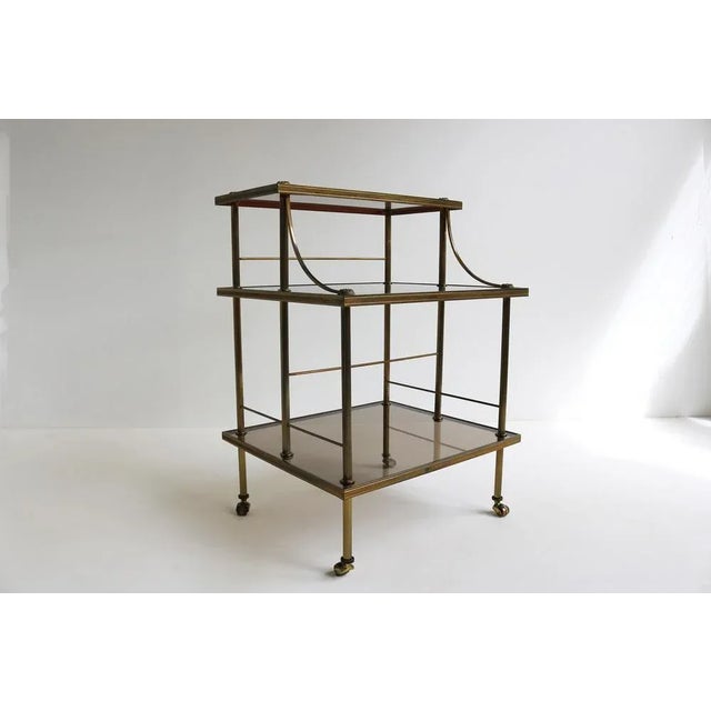 1960s Mid-Century French Brass & Smoked Glass Three Tiered Drinks Trolley, 1970s For Sale - Image 5 of 11