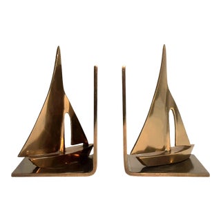 Vintage Mid 20th Century Nautical Coastal Brass Sailboat Ship Bookends - a Pair For Sale