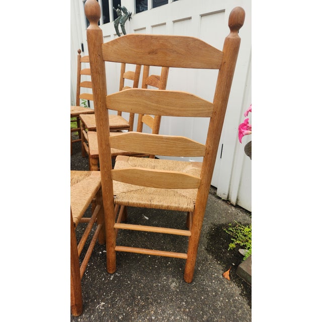 Vintage Set of 10 Light Oak Ladder-Back Rush Seat Dining Chairs For Sale - Image 11 of 18
